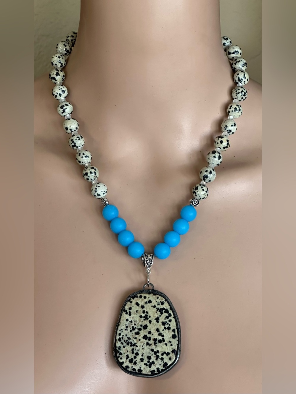 24 inch Dalmatian and Blue Sea Glass bead necklace NWOT